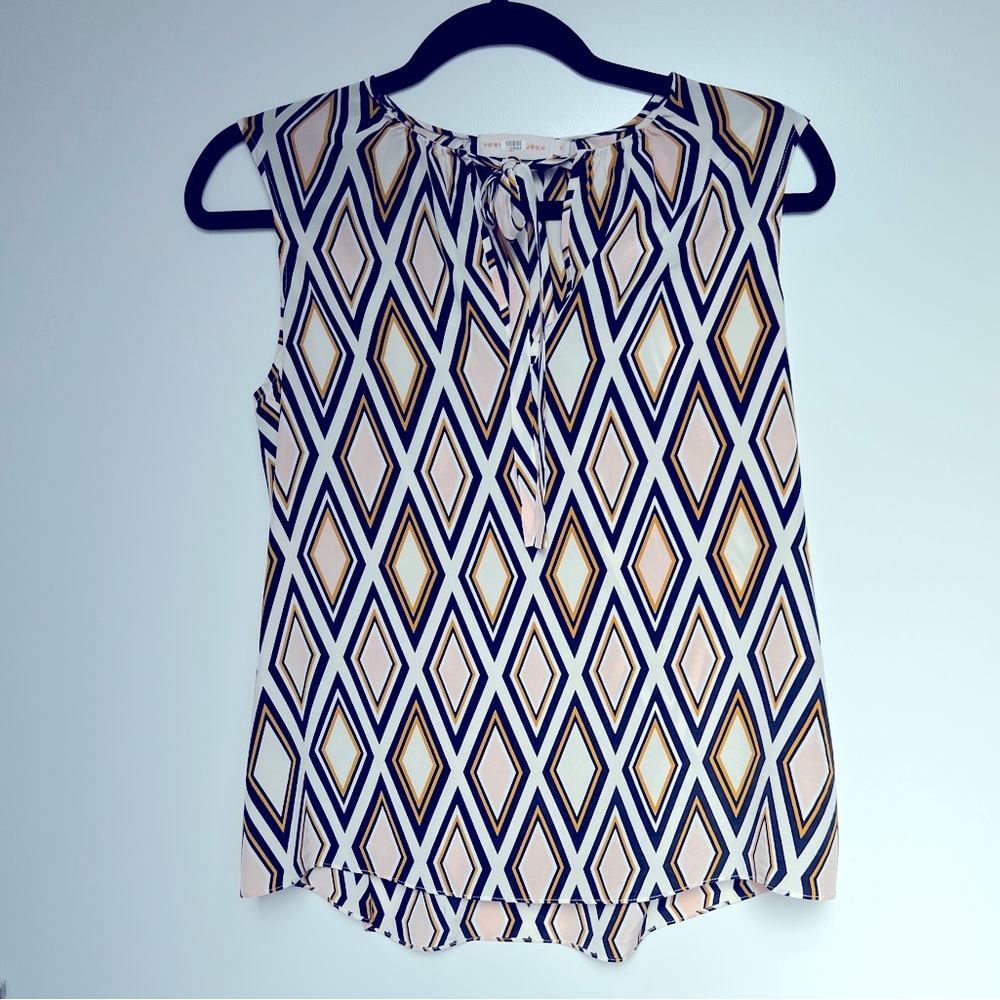 TORY BURCH JESS DIAMOND PRINT SLEEVELESS SILK TOP, IVORY - Size 2 - Picture 2 of 4